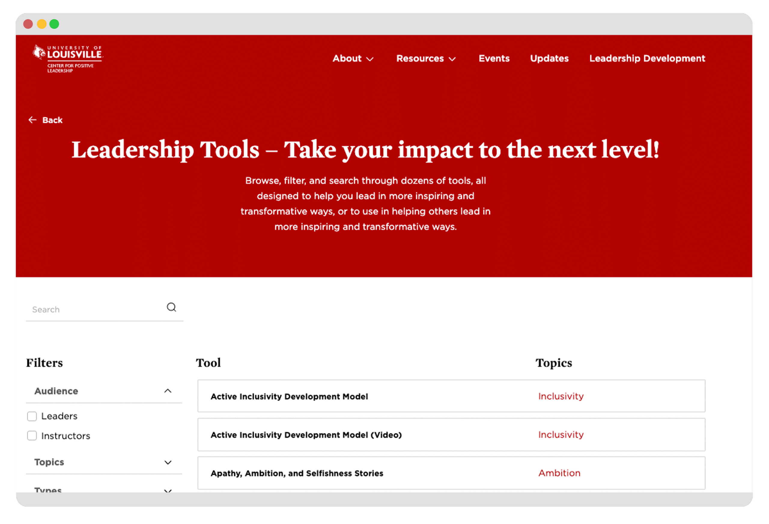 UofL Positve Leadership Web Screens - Tools