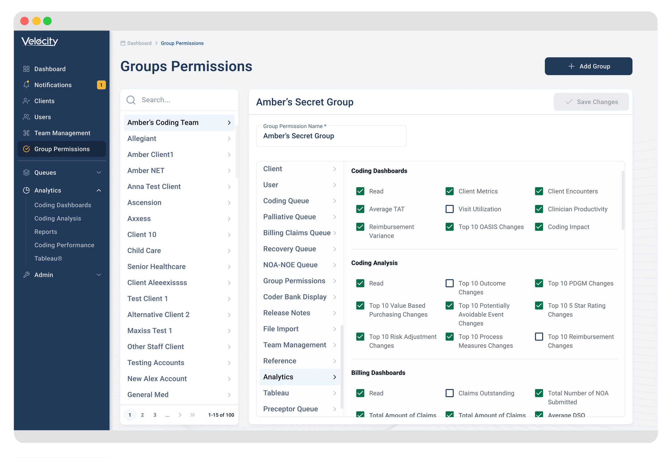 HealthRev Velocity - Group Permissions