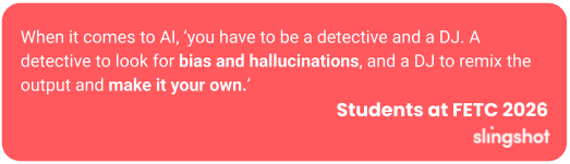 When it comes to AI, ‘you have to be a detective and a DJ. A detective to look for bias and hallucinations, and a DJ to remix the output and make it your own.’ Students at FETC 2026